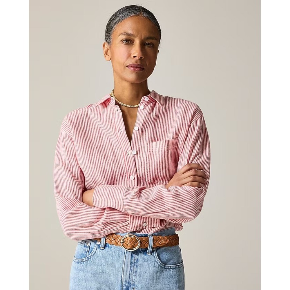 J.Crew Garçon Classic Fit Shirt‎ Size 10 Red White Striped 100% Linen